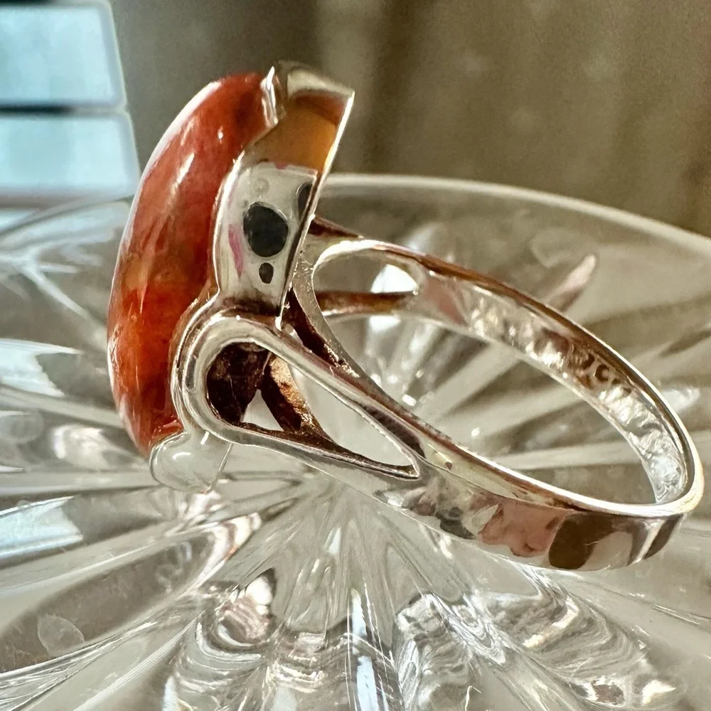 Vintage Red Coral and 925 Silver Ring with Cabochon Stone cut. - Picture 4 of 8